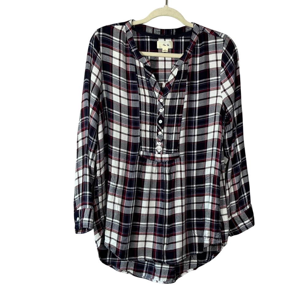Per Se Womens Navy Red White Plaid Pintuck Tunic Blouse Large Side Pockets